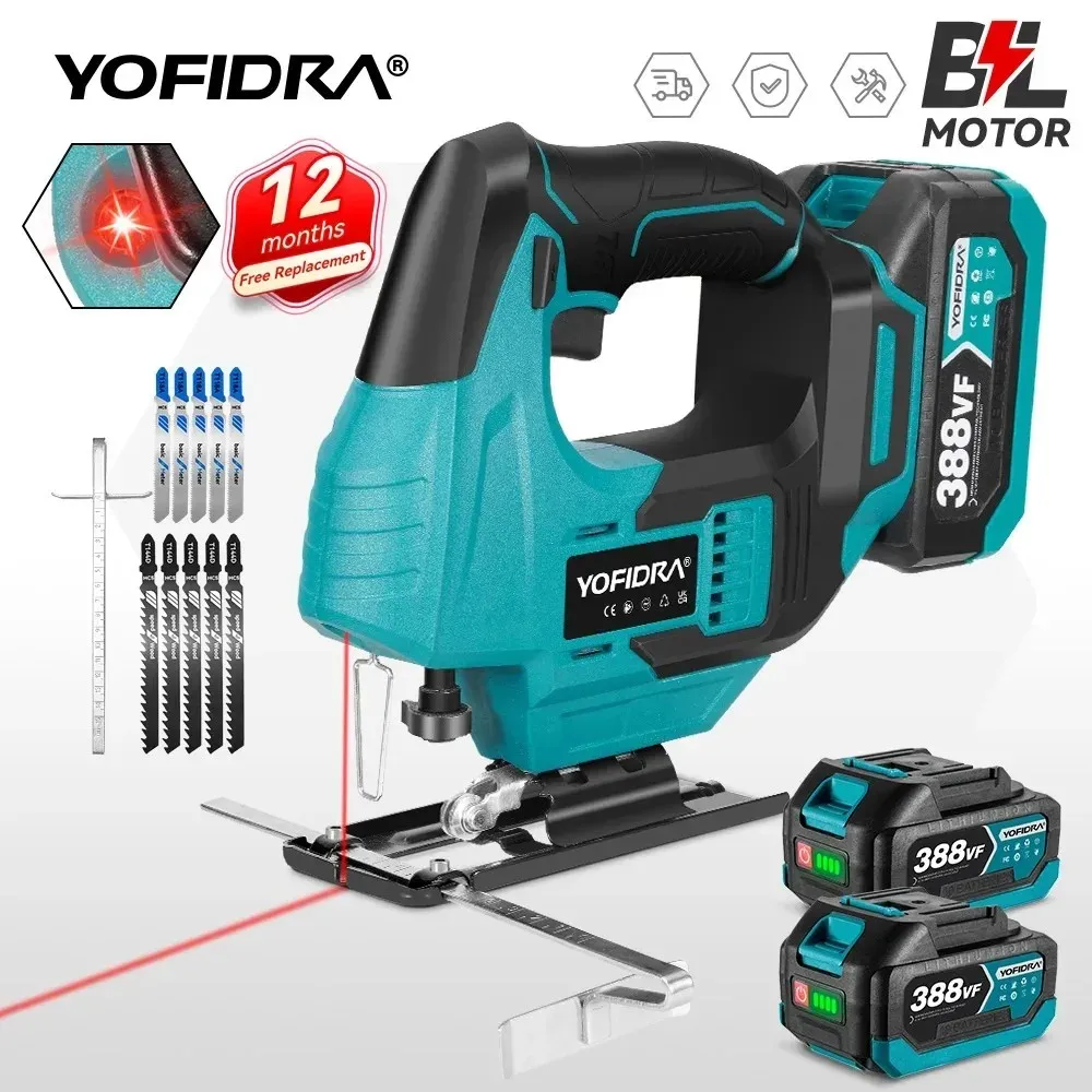YOFIDRA 3800 U/min Bürstenlose Elektrische Stichsäge 12 Klinge Infrarot Laser Drahtlose Kurvensäge Holzbearbeitung Werkzeug Für Makita 18 V Batterie pin