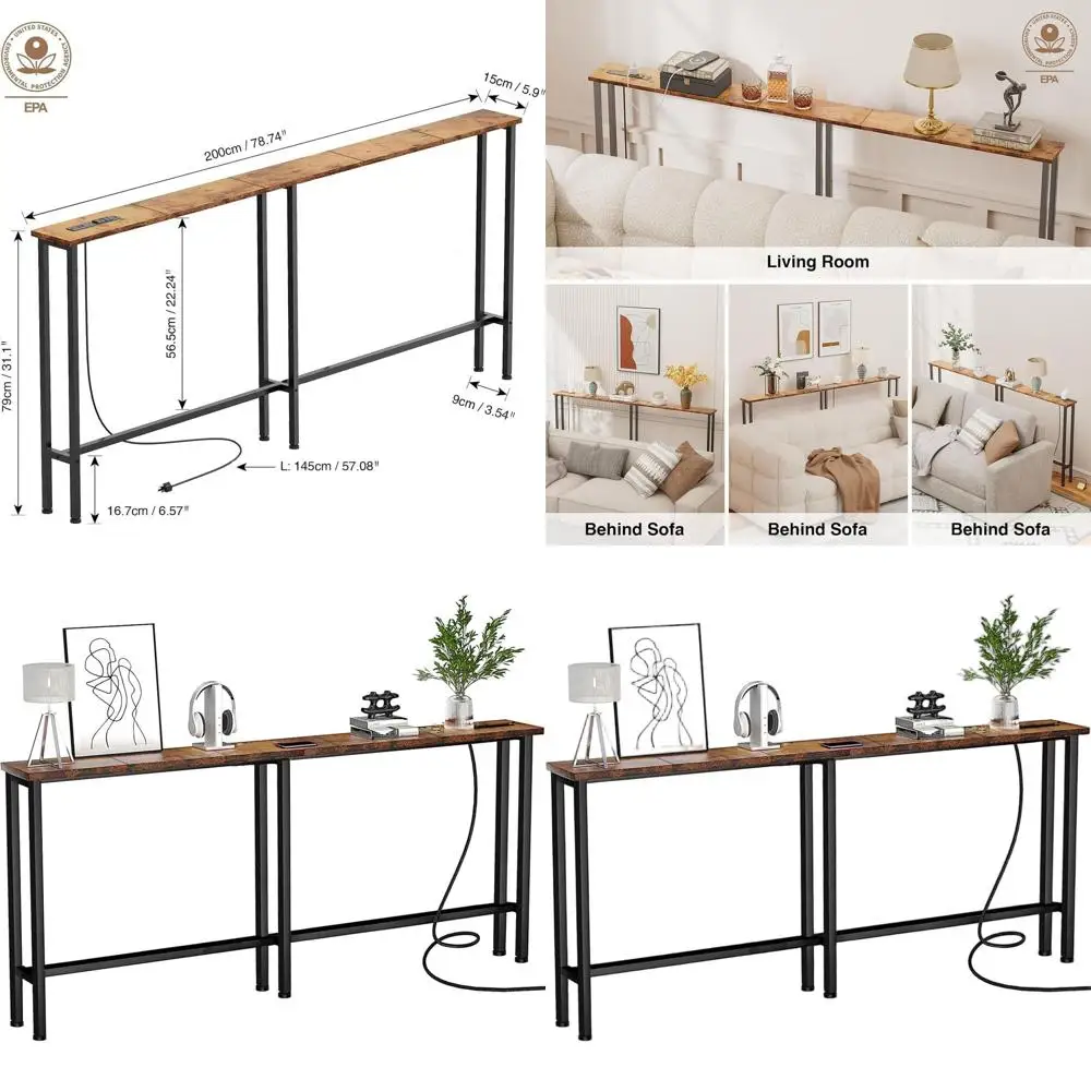 

Консольный столик 78 Rustic Brown с розетками и USB-портами, металлический каркас, идеально подходит для прихожей, офиса, за диваном - простая сборка, расширяемый