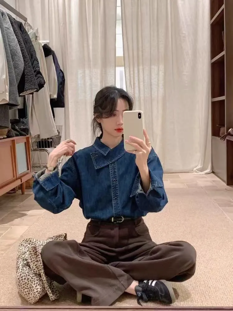 

Korean Sle Unique Collar Long Sve Denim irt Women Early Spring Design Casual Slimming Layering Top Faionable Commute...