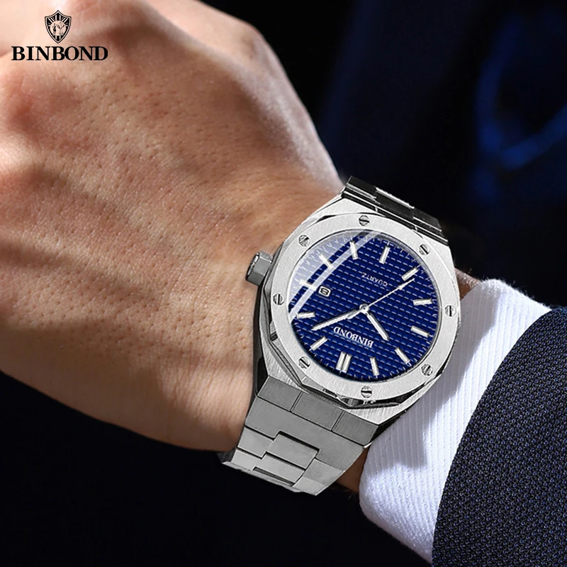 BINBOND Mens Watch Top Brand Royal Casual Men Big Dial Silver Stainless Steel Calendar Quartz Wristwatch Classic Luminous B0233