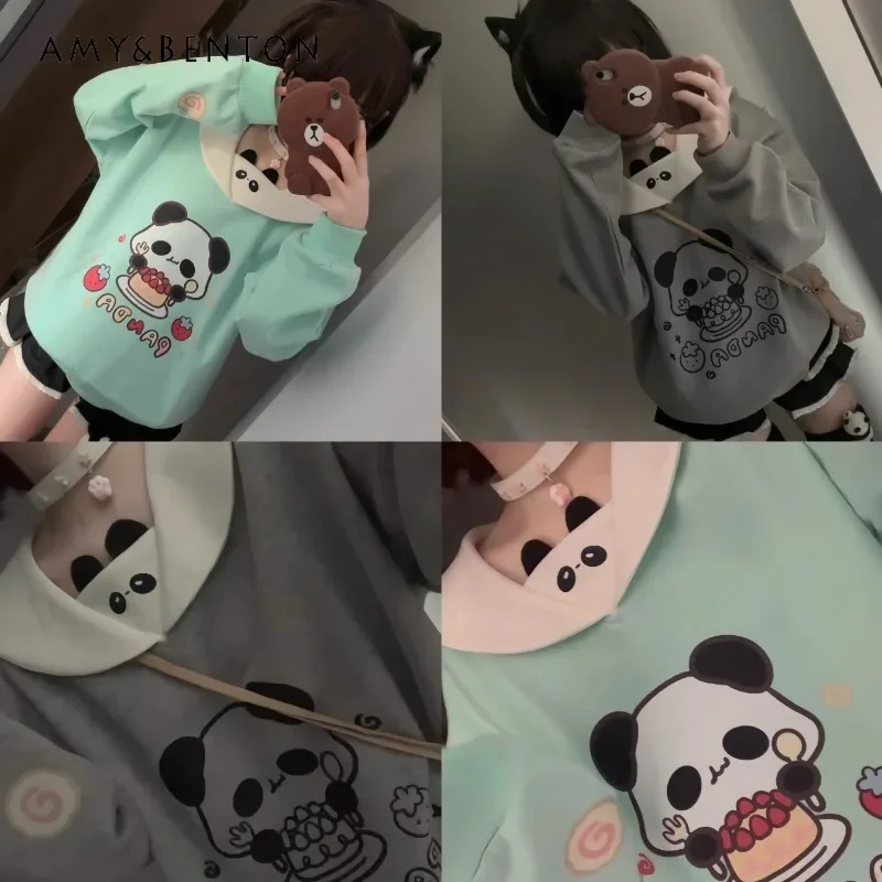 2024 Japanese Cute Cartoon Red Panda Ears Navy Collar Cute Sense Color Matching Loose Long-Sleeved Sweater For Women