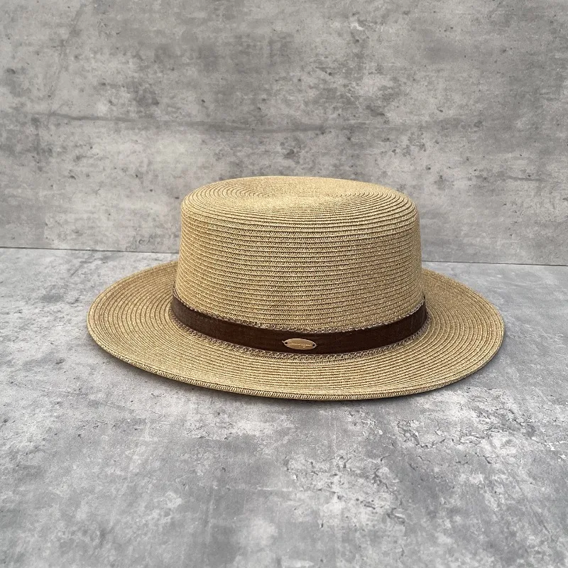 Women's Summer Straw Woven Flat Top Breathable Beach Sun Hat Chanel Style