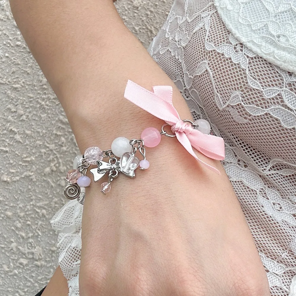 الحلو لوليتا على شكل قلب تقليد اللؤلؤ الفراولة Bowknot أساور للنساء الصيف صديق رومانسية مزاجه مجوهرات هدية