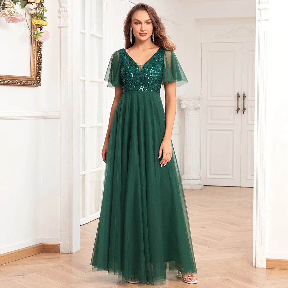Hot Sale Short Sleeve Evening Dresses V-Neck Sequin Embroidery Long Party Gown Elegant A-Line Tulle Formal Dress