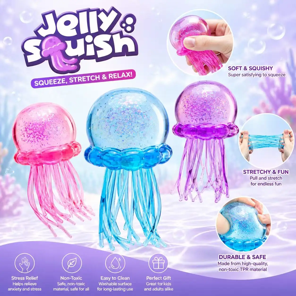 

Sparkling Jellyfish Shaped Stress Relieving Pinch Music Stretchable Soft Rubber Ventilatory Toy Adult and Children's Stress Relieving Tool Gift