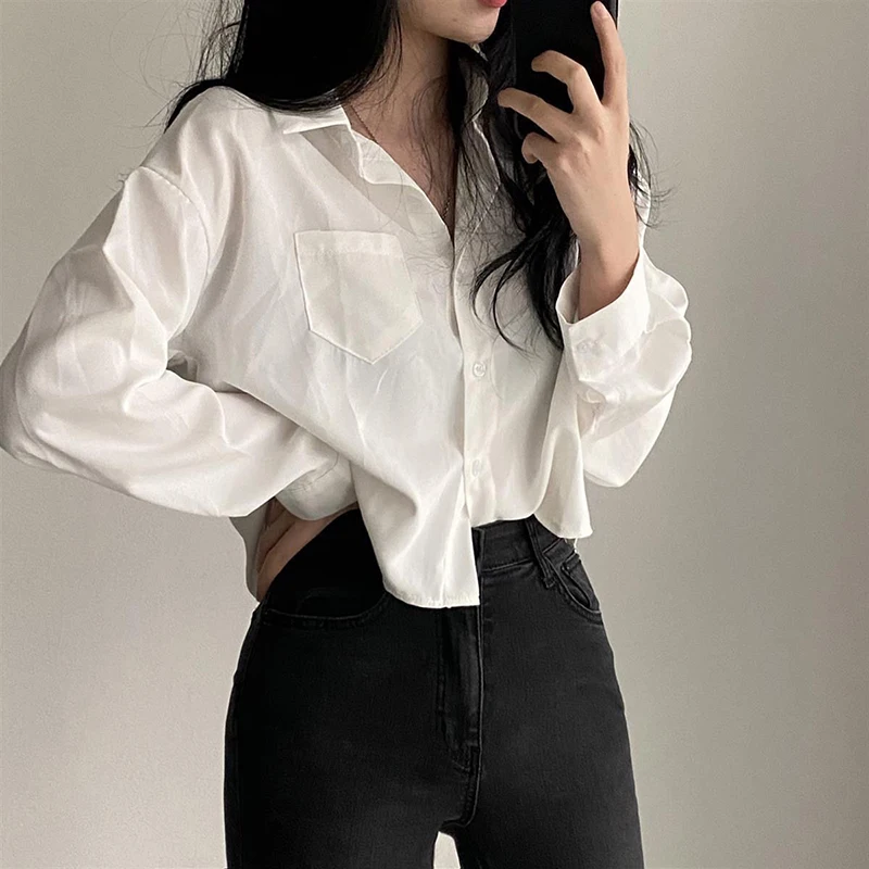 Harajuku Women Chiffon Shirts Korean Streetwear Cropped Long Sleeve Tops Y2K Fashion Female Casual All Match Blouse