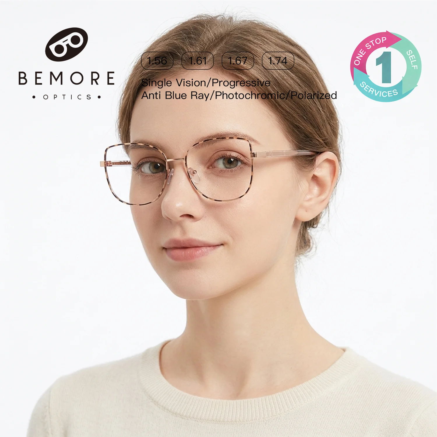 BEMORE Cat Eye Eyeglasses with Prescription Corrective Lenses Frame Anti-Blue Light Metal Optical Eyewear 0~+-400