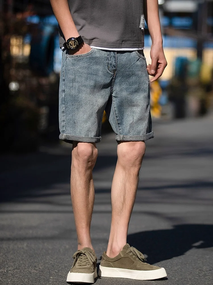

Men's Denim Shorts Casual Loose Fit Summer Thin Hole Punching Street Style mid Waist Zipper Fly Youth Trendy Five-Point Pants