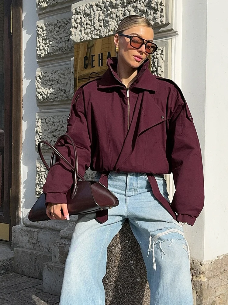 

Burgundy Red Zipper Bomber Jacket Women Casual Stand Collar Long Sleeve Pocket Short Coat Autumn Lady Street Outerwear 2025 New