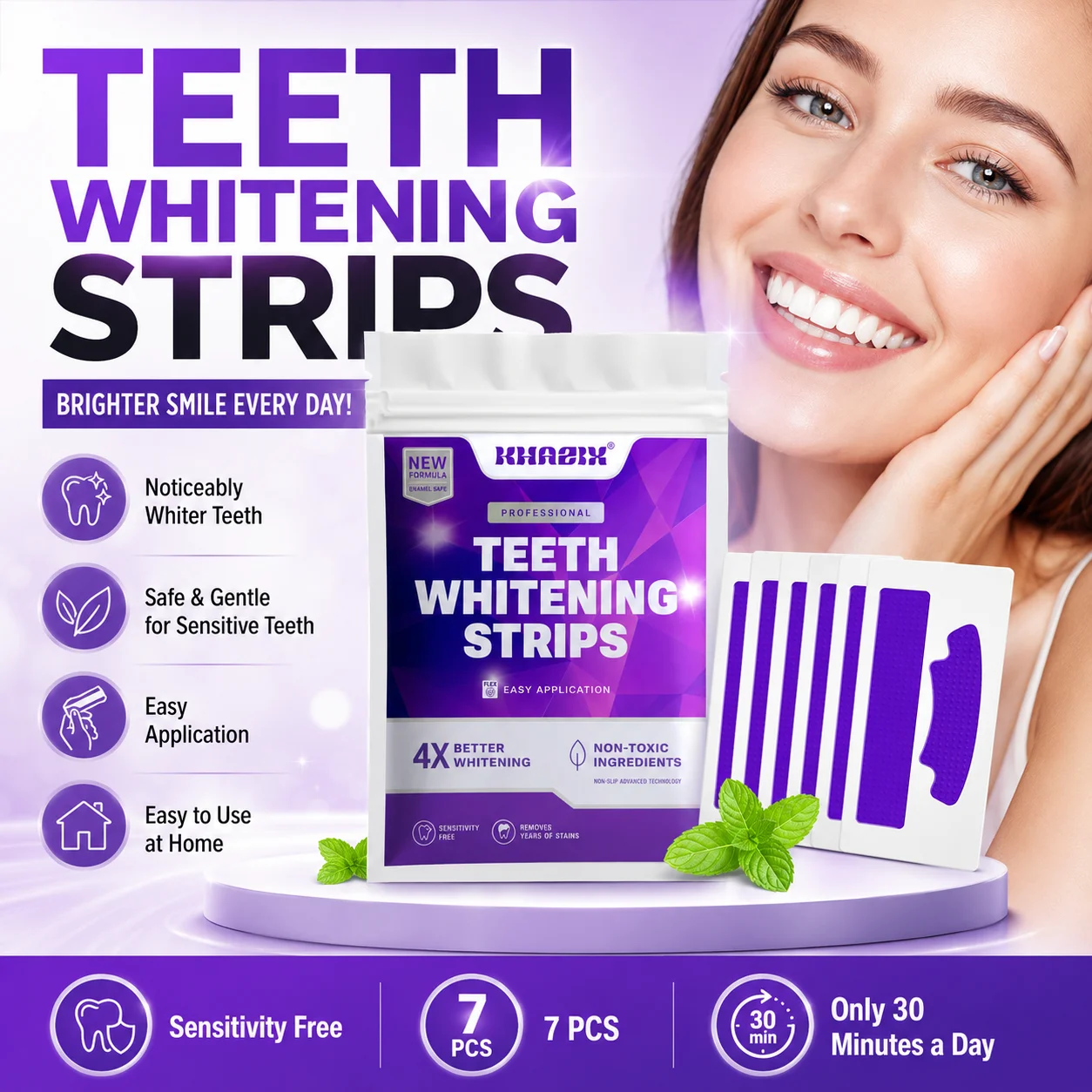 Teeth Whitening Home Kit - Zahnaufhellungsstreifen 7 Paar Lila Zahnpflege-Patches, Tragbares