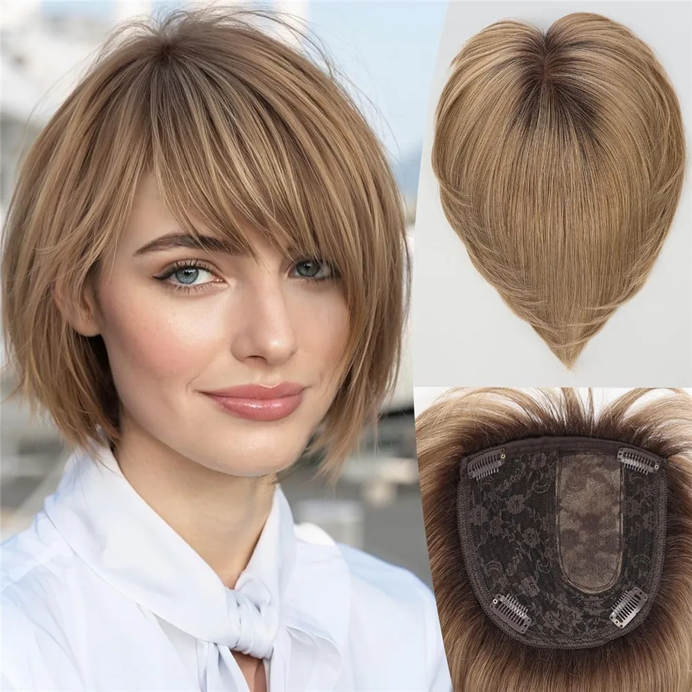 10 Inch 100% Natural Human Hair Topper 6.5x6.5 Inch Silk Base Hair Toppers for Women Ombre Brown Side Part Hairpieces Daily Use