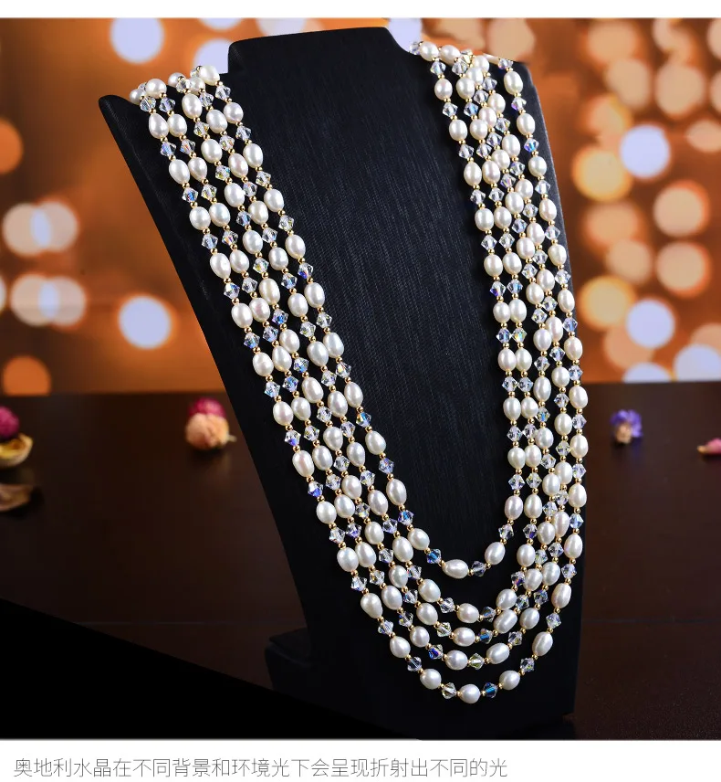 18-25'' 4mm Austrian crystal and 60mm White Rice Pearl Necklace