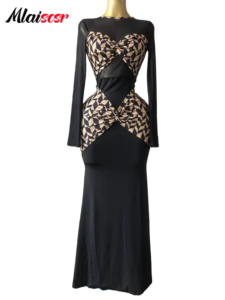 Mlaiscsr Frauen Gedruckt Patchwork Lange Hülse O-ansatz Bodycon Schlank Schwarz Maxi Kleid Luxus Geburtstag Weihnachten Party Abendkleider