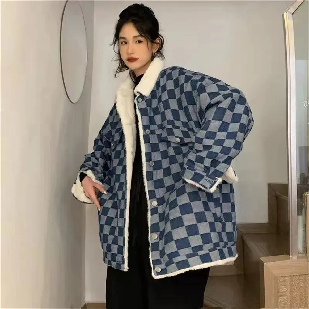 

Winter Fleece Thicken Warm Plaid Denim Coat Vintage Bf Lambhair Loose Jacket With Cotton Collar Jean Outwear Women Streetwear