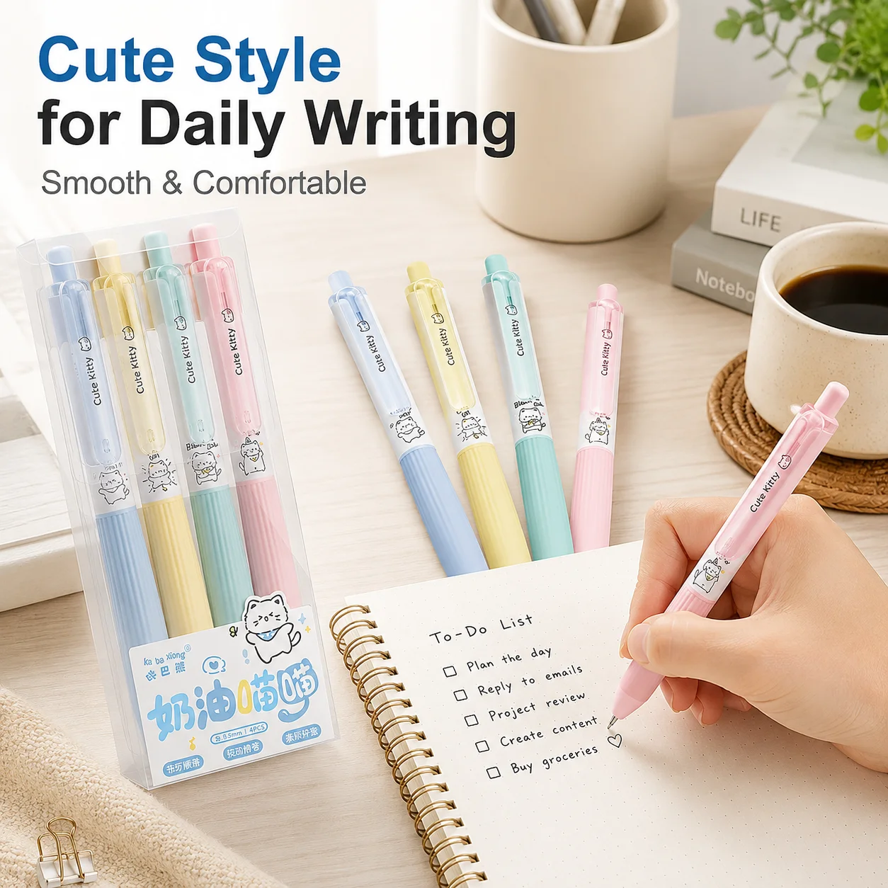4 cat gel pens, 0.5mm black ink silent click expansion pen, ball point pen, for school and office