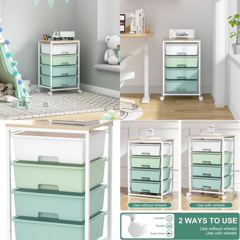 

Тележка на колесиках с 4 ящиками и деревянной столешницей для спальни, детской комнаты, общежития и офиса зеленого цвета