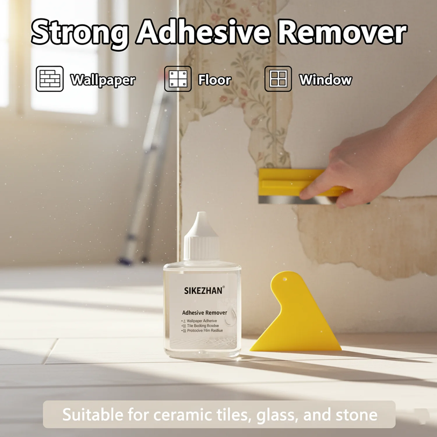 Heavy-Duty Adhesive Remover: Wallpaper Glue, Floor Glue (acrylic/PSA), Tile-back Residue, Silicone/caulk, Door/window Film Marks