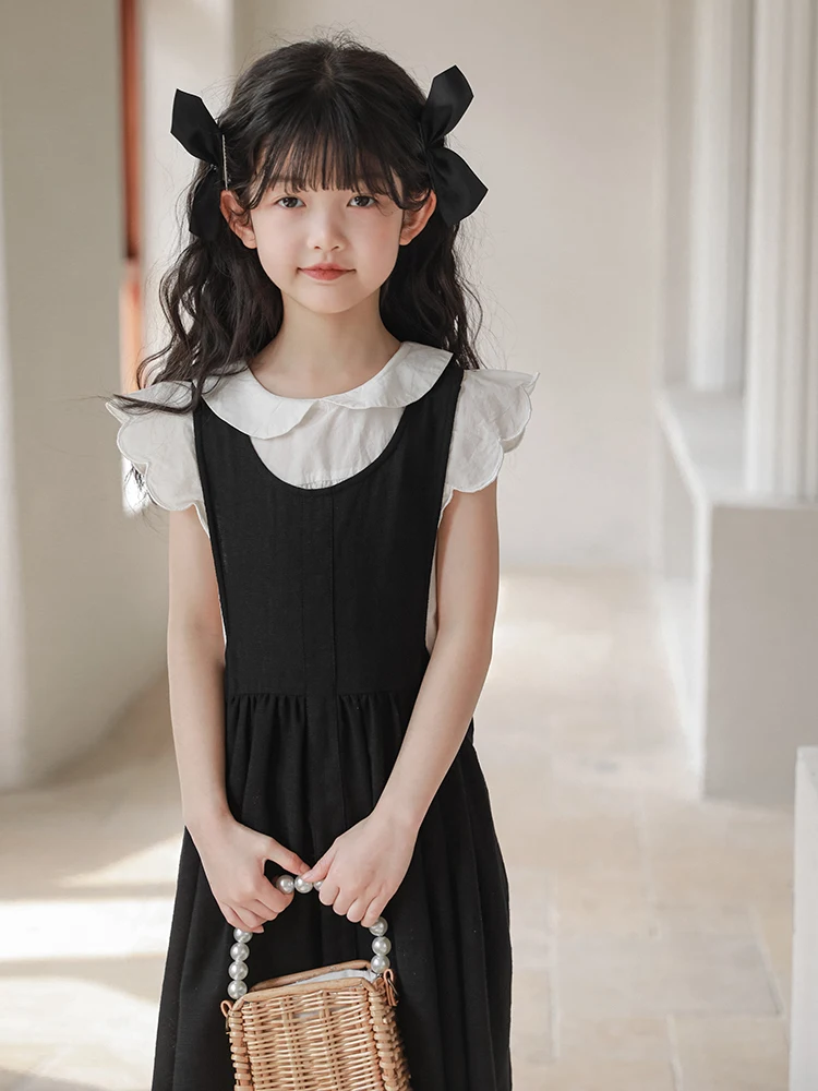 2023 Summer New Girls' Cross Strap Dress, Big Boy Princess Dress 4-6y 7-12y Knee-Length Girls Clothes