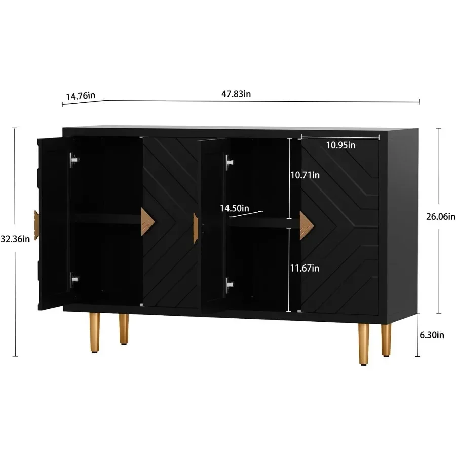 Modern sideboard buffet storage cabinet for dining room, MDF wood, black, 48'' wide with 4 doors and ample concealed storage