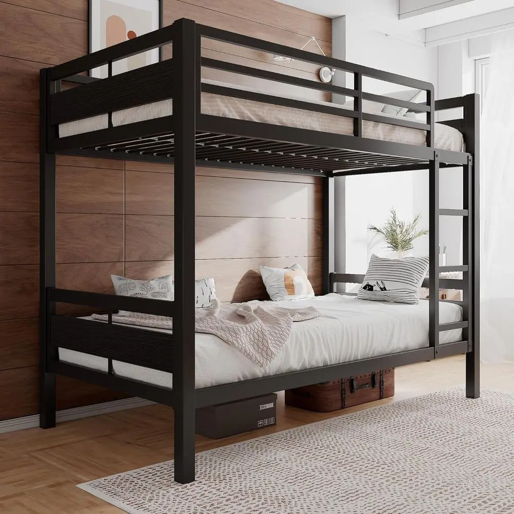 

Twin Over Twin Metal Bunk Bed with Ladder, Full-Length Guardrail, Storage Space, No Box Spring Needed, Noise-Free, Black
