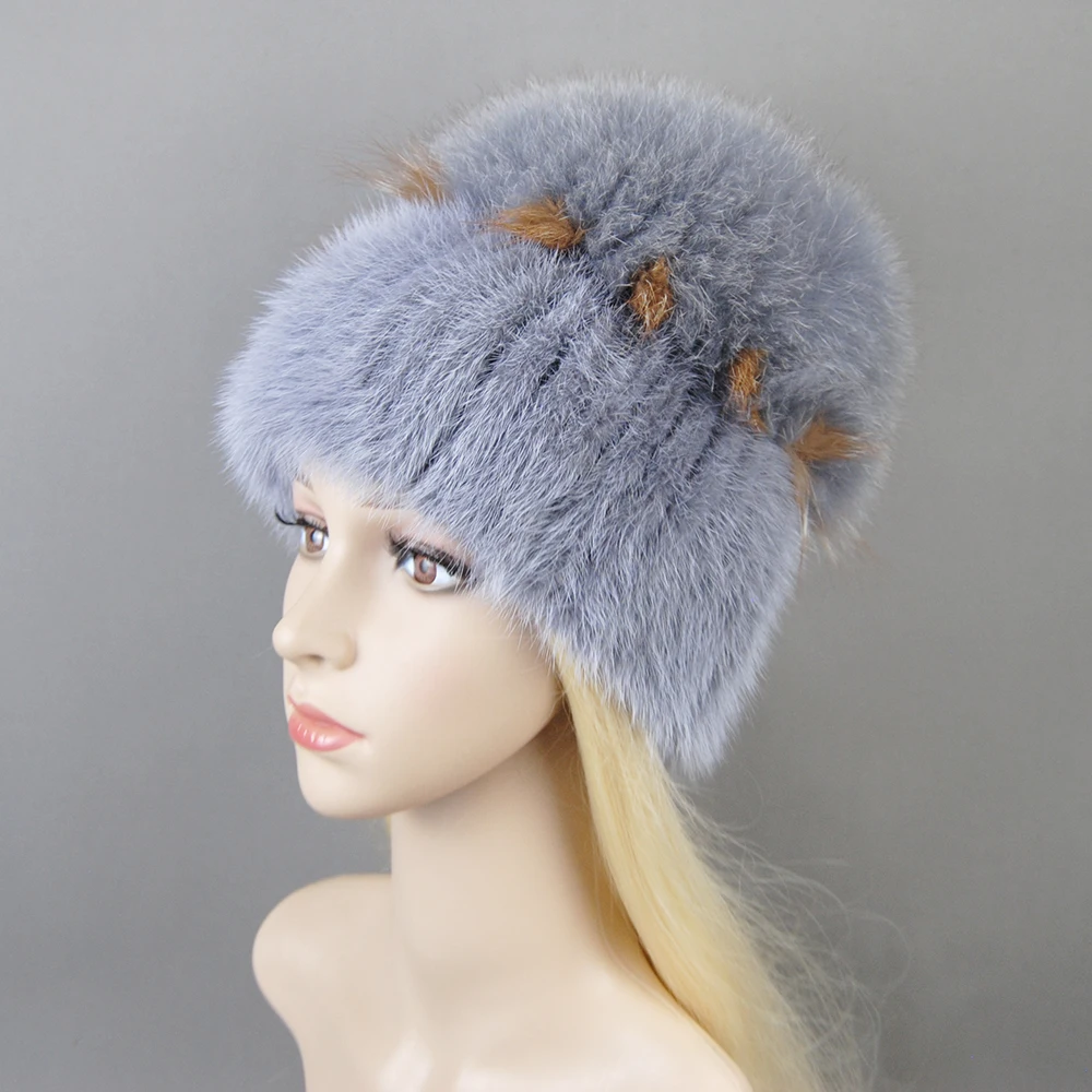 Fashion Real Mink Fur Hat For Winter Women Imported Knitted Mink Cap With Fox Fur New Hot Sale High Quality Women Beanies Hat