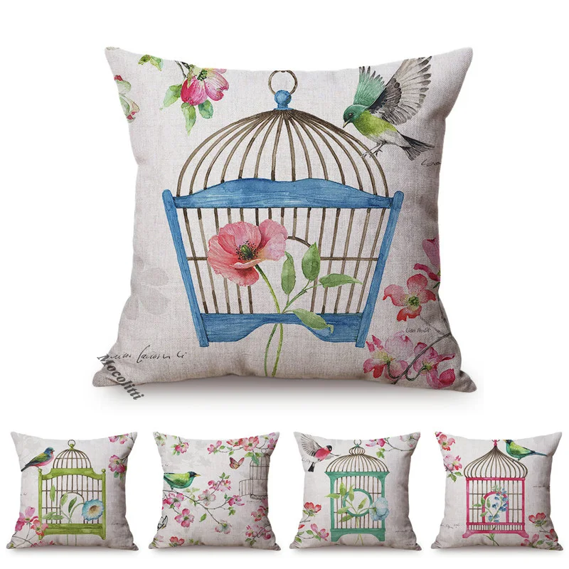 Nordic Water Color Birdcage Birds Sofa Decoration Throw Pillow Case Plum Blossom Garden Cotton Linen Print Cushion Cover cojines