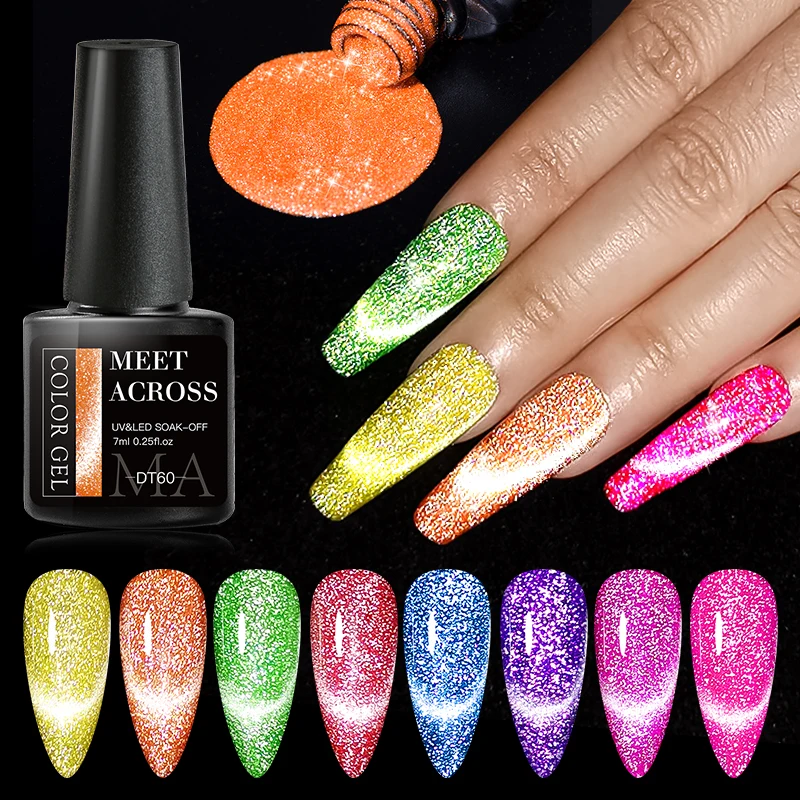 MEET ACROSS 7ml Neon Reflective Glitter Cat Magnetic Gel Nail Polish Laser Color Semi-permanent Varnish Uv Nail Polish Nail Art