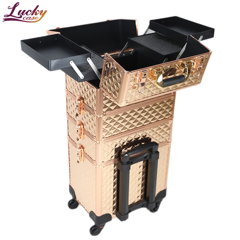 

4 in 1 Cosmetic Organizer Case Rose Gold Makeup Travel Suitcase with Swivel Wheels Salon Barber Case Makeup Cart Trunk