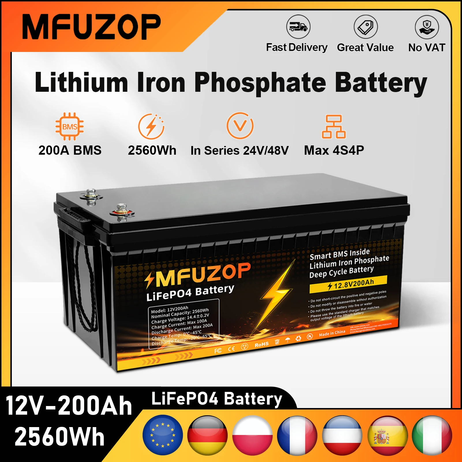 Batterie LiFePO4 MFUZOP 12V 200Ah Portable Rechargeable avec Système BMS Intelligent Intégré Cycle Profond 8000+ pour VR Solaire Sans TVA
