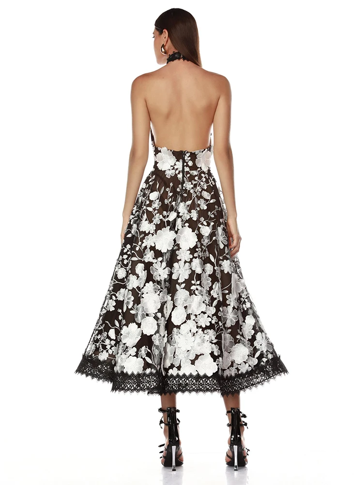 A-Line Floral Lace Halter Neck Dress – Elegant Black & White Midi Dress for Special Occasions and Evening Parties Romantic Gown