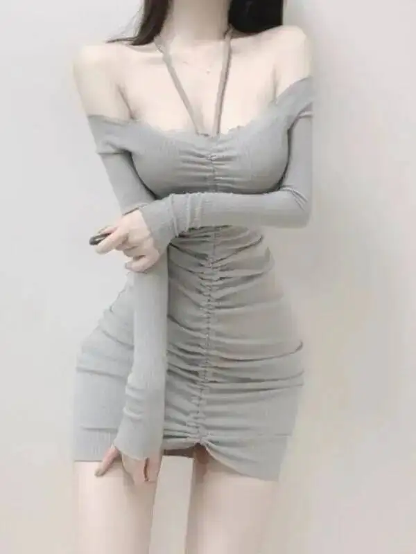 2026 Autumn/winter Korean Version New Drawstring Hanging Neck Off Shoulder Long Sleeve Cinching Waist Wrap Hip Short Dress A0RB