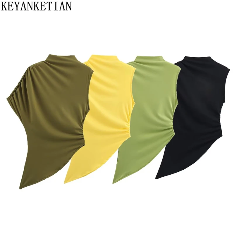 

KEYANKETIAN, новая летняя модная футболка с асимметричным дизайном на одно плечо, пуловер, офисные женские облегающие футболки с круглым вырезом и складками