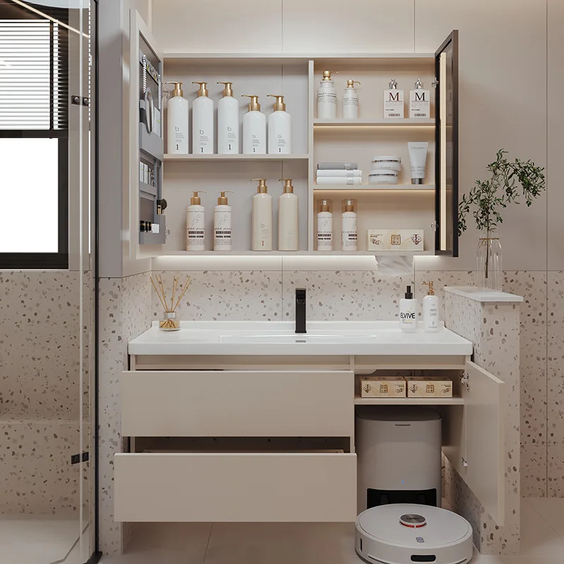 French Cream Bathroom Cabinet Saving Space Wind Placed Bathroom Cabinet Sweeping Robot Bathroom Furniture Kylpyhuonekaappi XYYSG