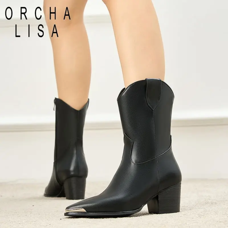 

ORCHA LISA 2025 Luxury Women's Mid Calf Boots Pointed Toe 6cm Block Heel Zipper Large Size 41 43 44 Leisure Vintage Daily