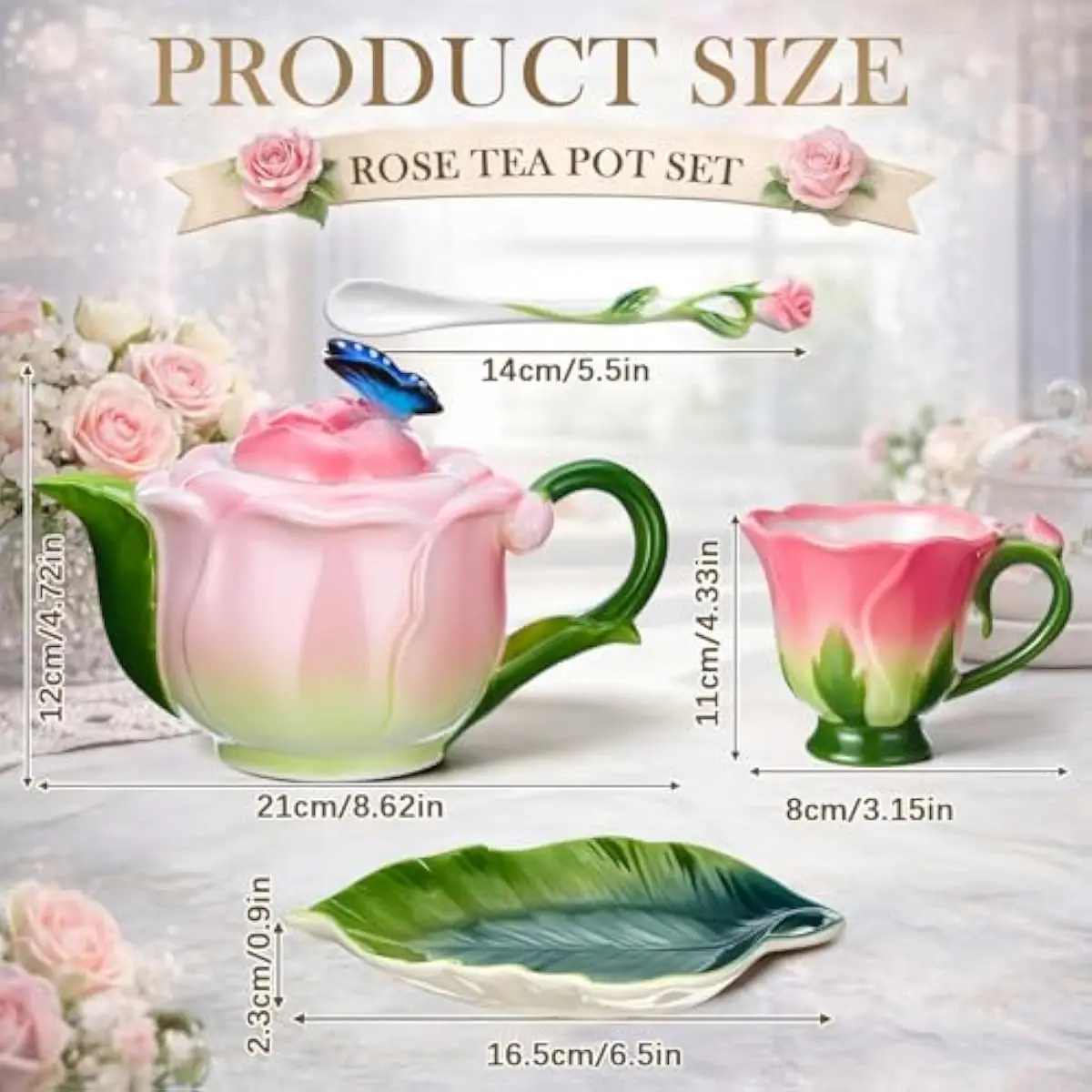 Rose-Inspired Ceramic Tea Set with 22 oz Teapot, 6.8 oz Cup, Saucer and Floral Spoon — Hand-Painted Multicolor Blossoms, High-Fi
