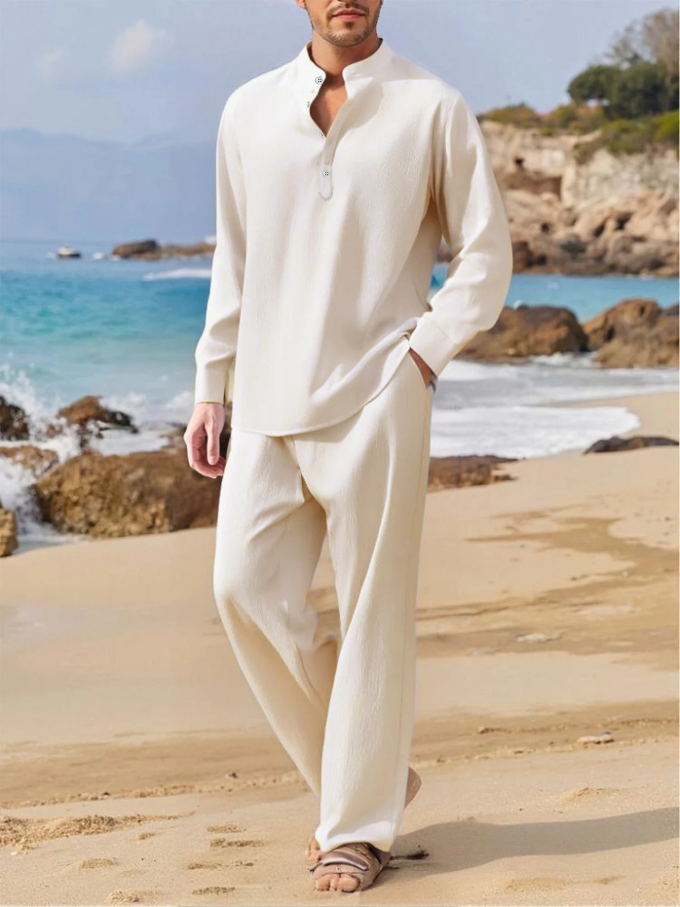 Summer Men's Casual Two Pieces Daily Outdoor Travel Basic Breathable Shirt Solid Pants Suit Male Beach Tracksuits Set