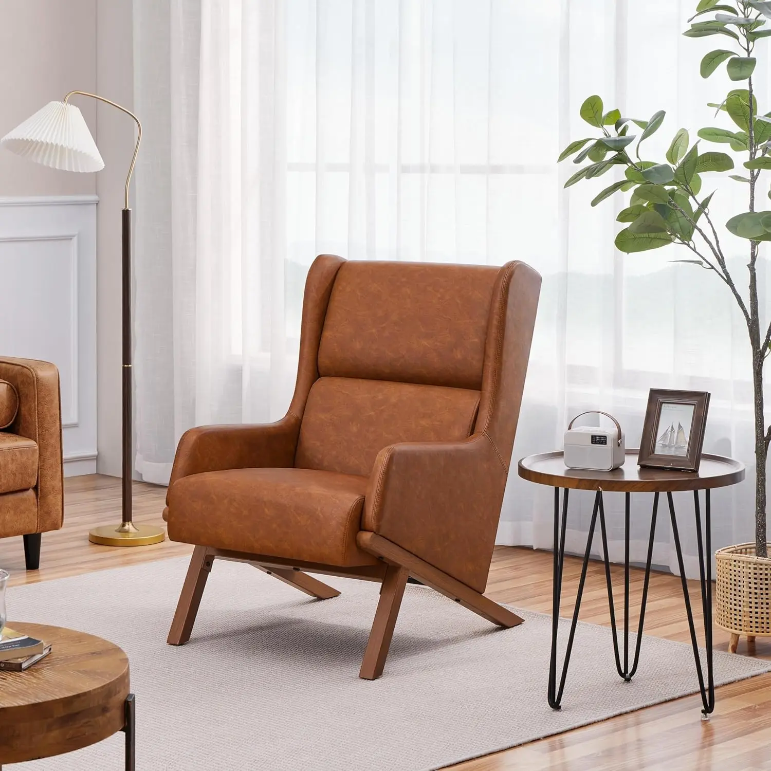

Brown Accent Chair, PU Leather Armchair High Wide Backrest, Oversized Recliner Chair Thick Seat Cushion for Office Reception