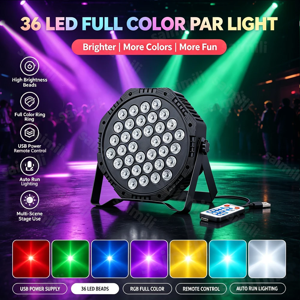 36LED USB Powered RGB Stage Par Light DMX512 Signal Control Portable DJ Uplight For Disco Club Bar Holiday Party Stage Lighting