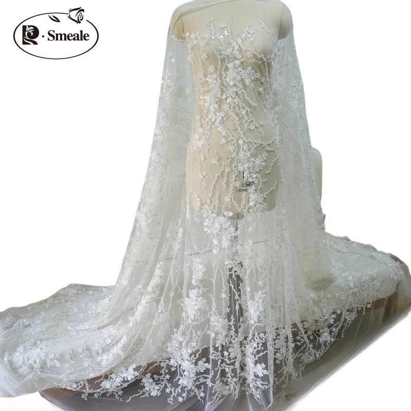 Luxuriöser afrikanischer Applikations-Perlenstickerei-Braut-weißer Hochzeitskleid-3D-Spitzenstoff, Spitzenstoff, hochwertiger 2025, Stoff zum Nähen – Detail 7