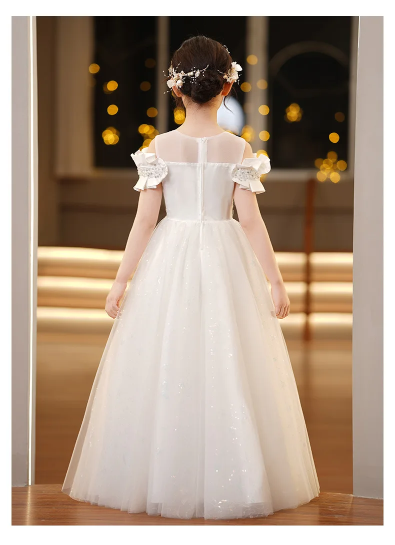 New Youth Girl Princess Mesh Dress Wedding Flower Girl Dress School Competition Piano Long Performance Dress for 3-12 Years