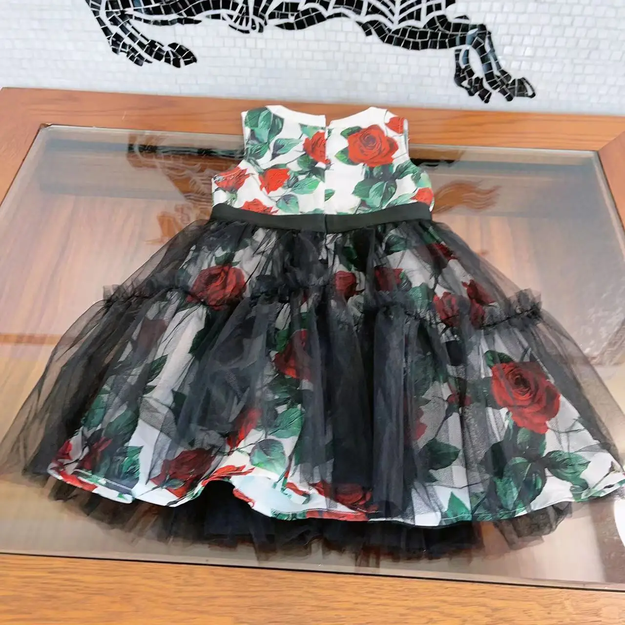 Fausses robes en dentelle noire à motif rose pour filles, cadeau d'anniversaire pour enfants, jupes de fête, cadeau de vacances