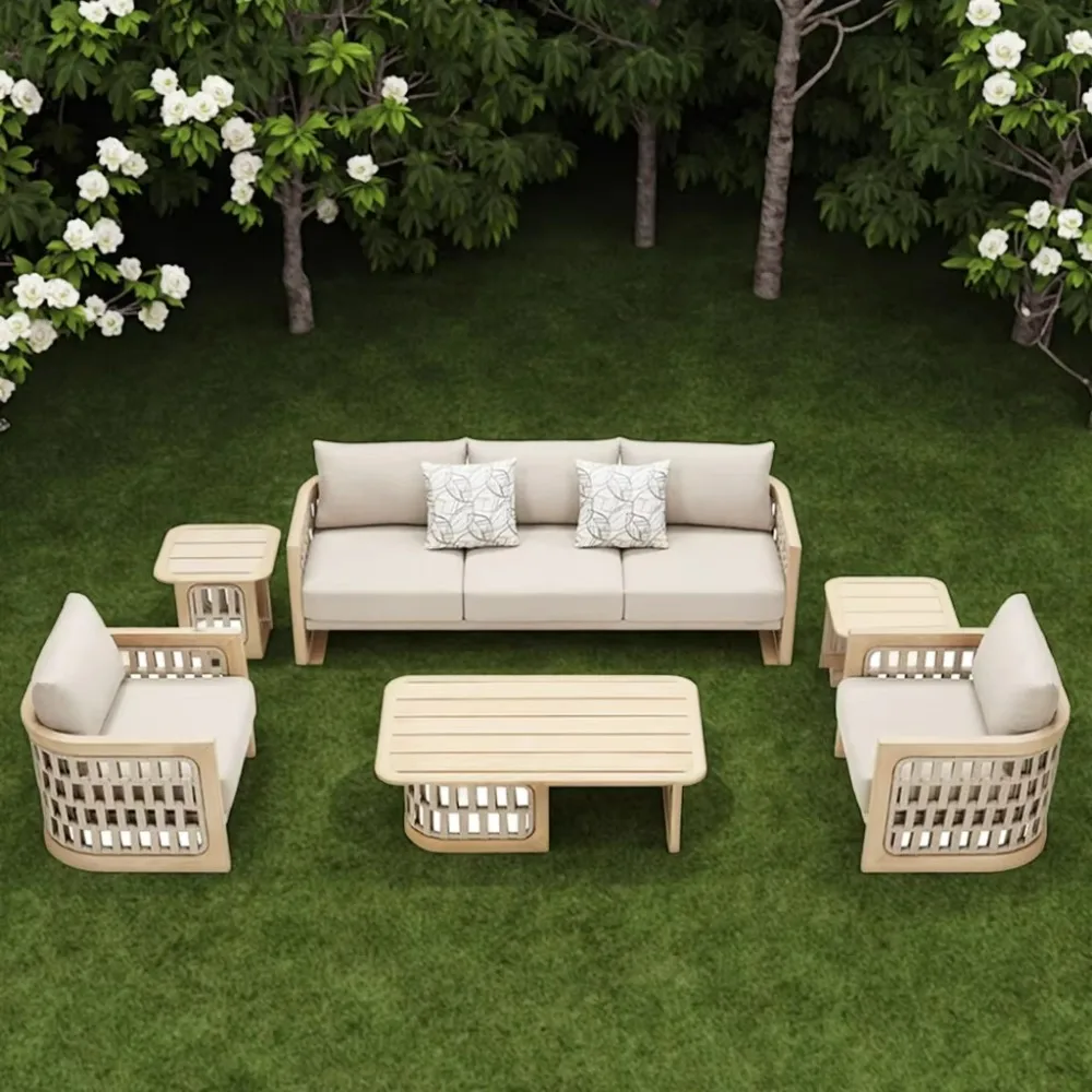 الفاخرة في الهواء الطلق فناء حديقة طقم أريكة فندق حديقة شرفة خشب الساج الطبيعي مزيج أريكة من حبال الربط ووسادة