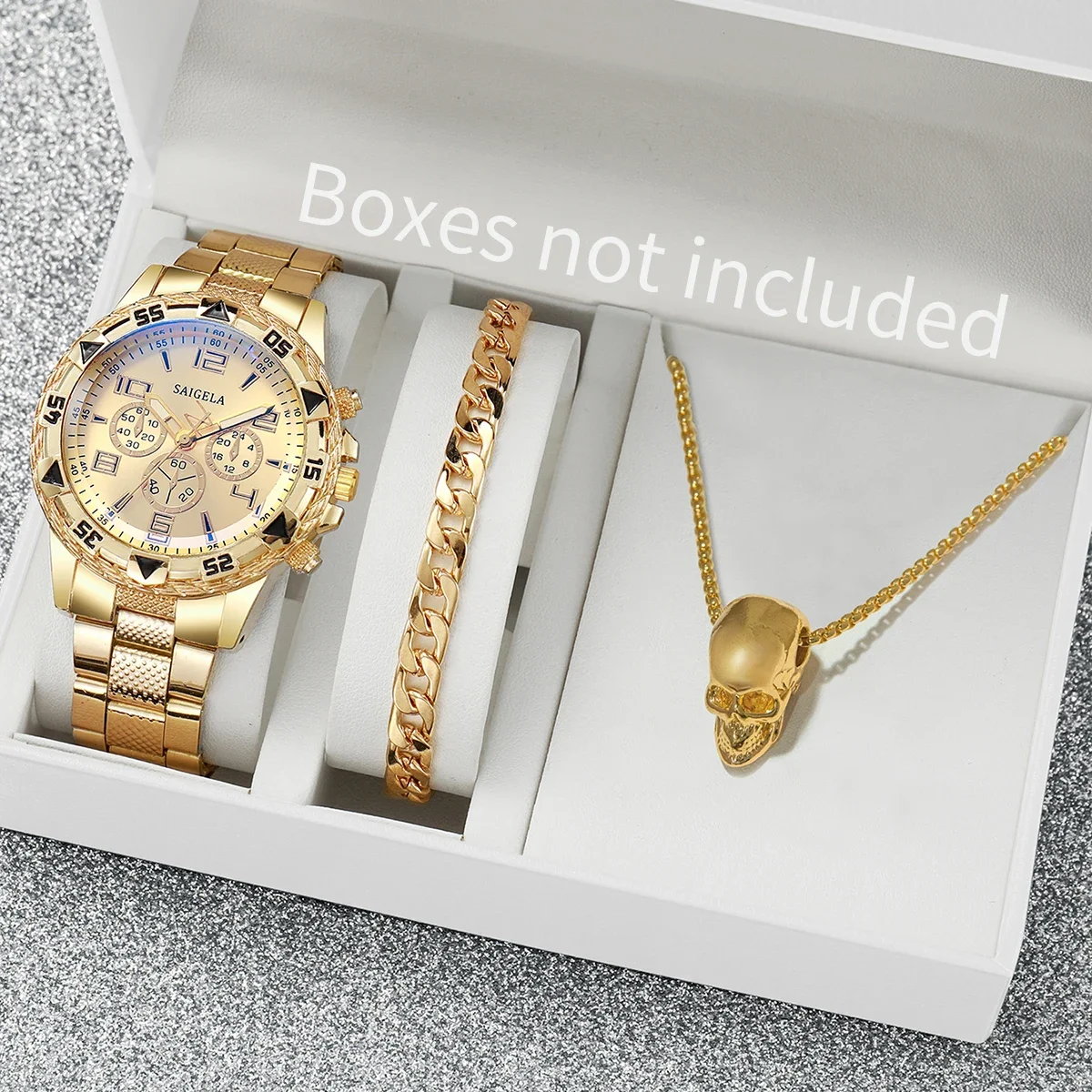 เซ็ตนาฬิกาปริศนาเซอร์ไพรส์กล่องตาบอด-3 ชิ้น/เซ็ตนาฬิกาธุรกิจผู้ชายแฟชั่นสายเหล็กนาฬิกาควอตซ์ชุดเครื่องประดับ (ไม่มีกล่อง)