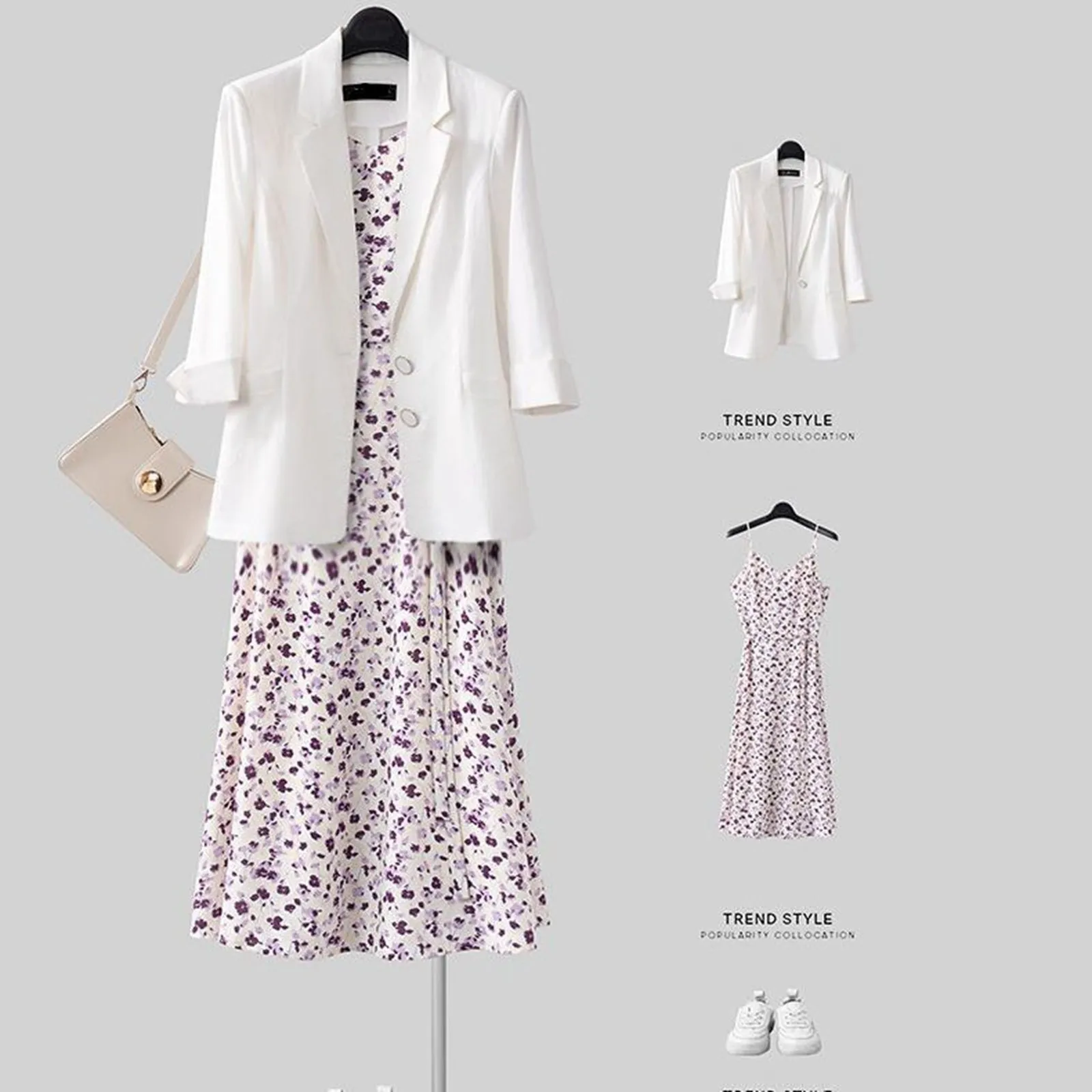 Elegant Clothing Set 2024 Summer Women Korean Graceful Leisure Suit Coat Chiffon Sling Dress Sets Lady Office Purple Jacket