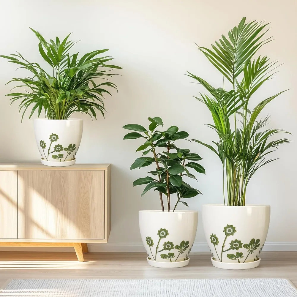 

Набор из 3-х керамических горшков для растений с дренажными отверстиями, кашпо в стиле бохо для внутреннего и наружного декора домашнего офиса, белые