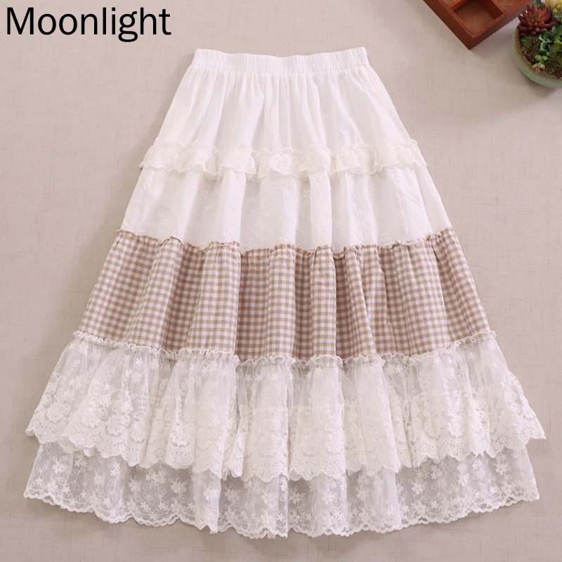 Vintage Plaid Mesh Skirt Japanese Sweet Mori Girl Elastic Waist Skirts Elegant Ruffles Lace Long Cotton And Linen Female Faldas