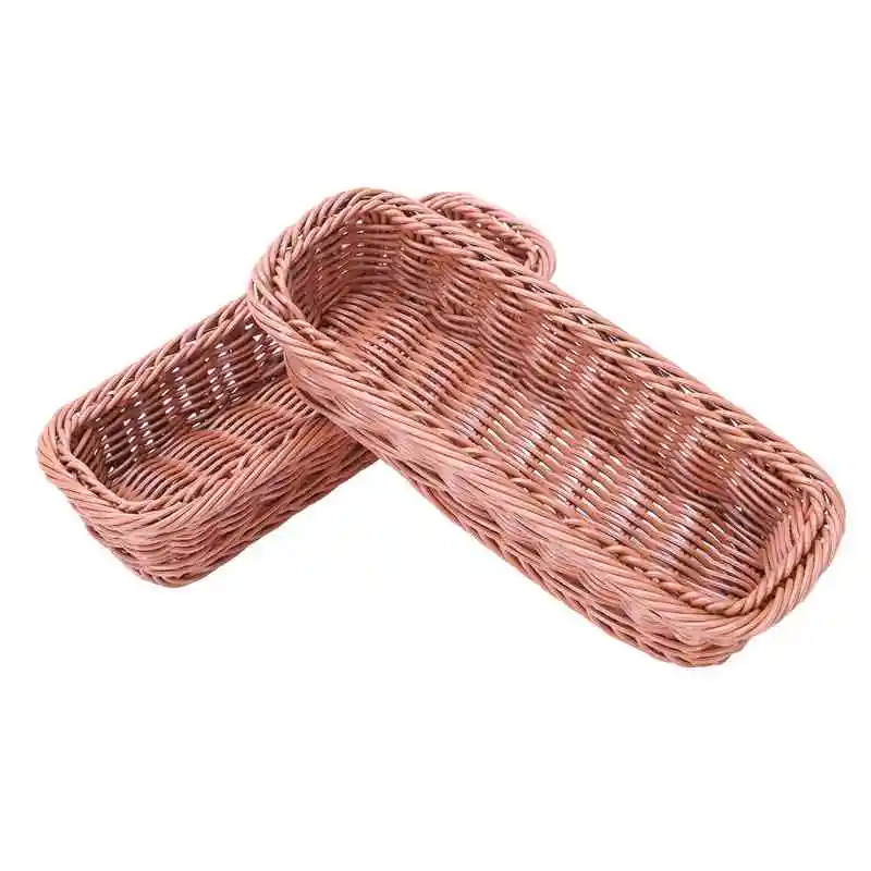 

2Pc Rattan Plastic Basket Cutlery Basket Rectangular Storage Box Cutlery Fork Chopsticks Bread Cake Fruit Storage