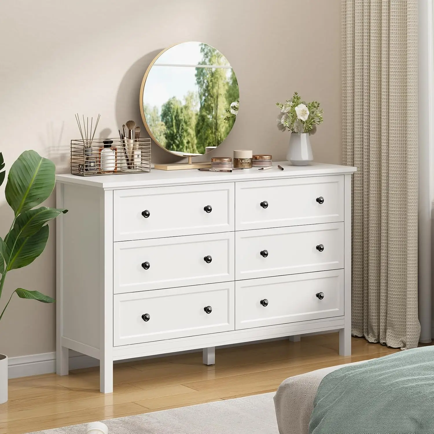 White Dresser for Bedroom, 6 Drawer Dresser with Wide Drawer and Metal Handles, Wood Dressers & Chests of Drawers for