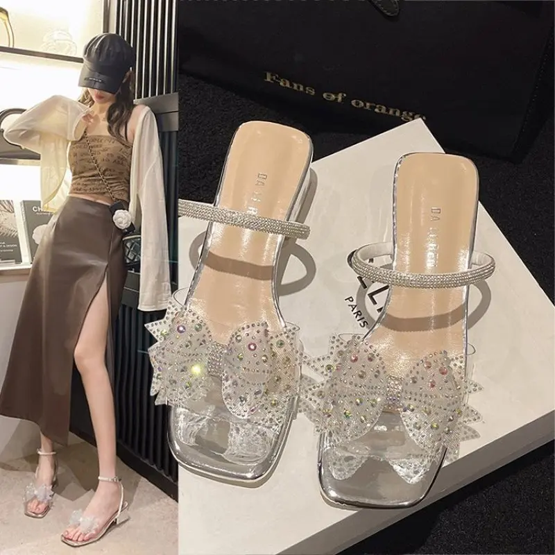 

Footwear Rhinestones Sandals for Women Pumps Ladies Shoes Heeled Summer 2024 Bow Slippers Transparent High Heels Clear Diamond