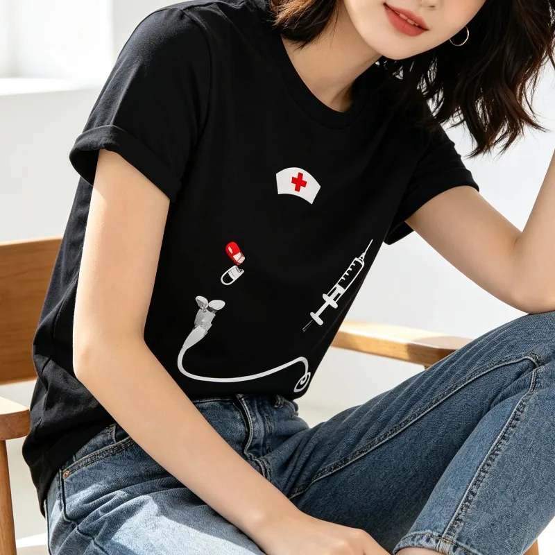 Minimal Nurse Hat Stethoscope Syringe Pill Medical Graphic T Shirt Unisex Women Nurse Life Healthcare Worker Casual Tee